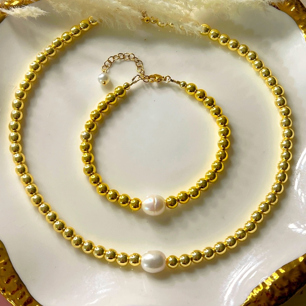 18k Gold Plated Gold Beads, Beaded Necklace with 10mm Freshwater Pearls Set